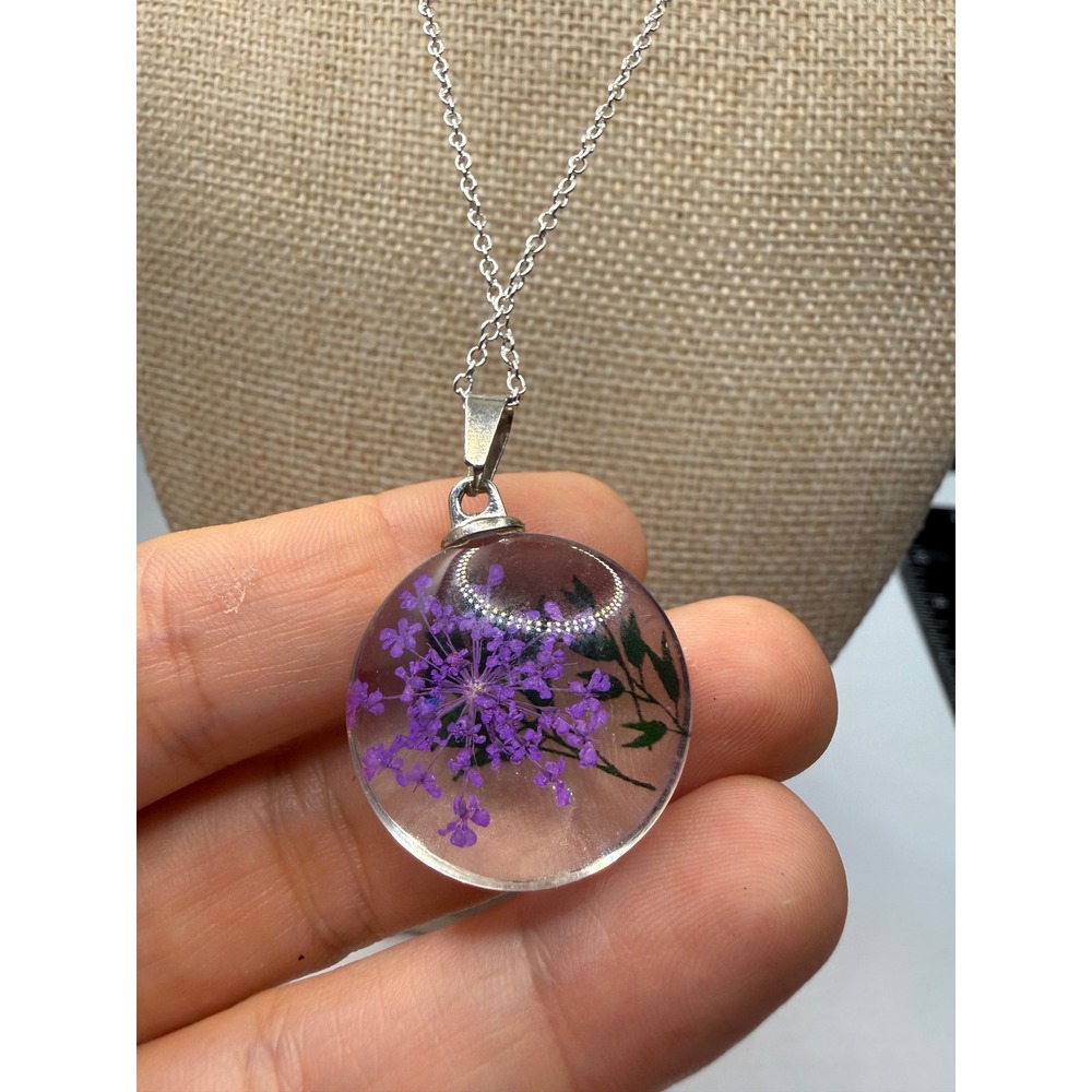 Purple Queen Annes Lace Real Dried Flower Resin Orb Necklace Silver Tone 18 Inch